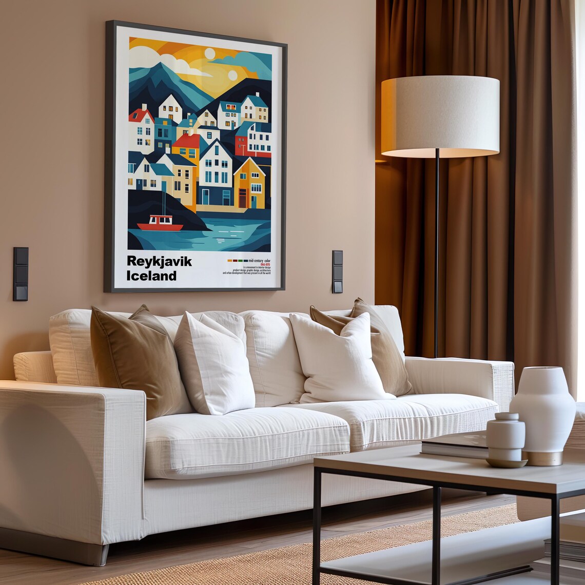 Reykjavik Iceland Harbor Houses Sunset Mid Century Travel Poster - Image 3