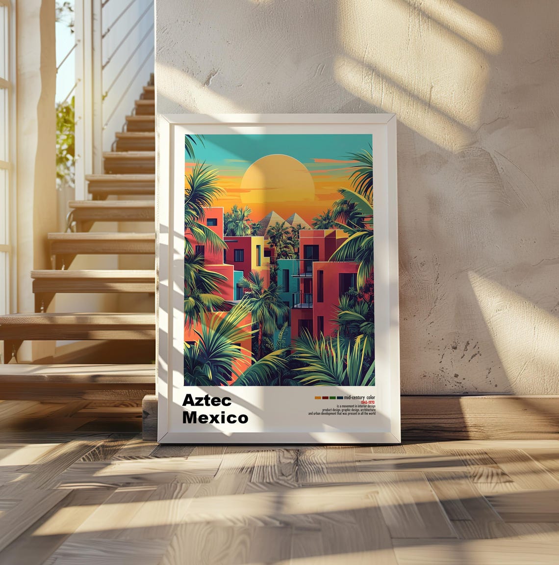 Aztec Mexico Pyramid Sunset Palm Trees Colorful Buildings Poster - Image 2