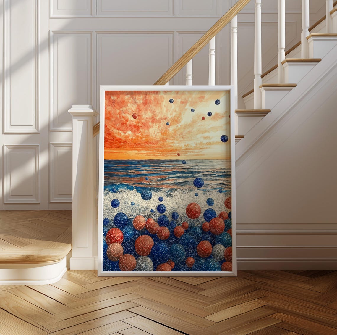Dreamy Red and Blue Dotted Spheres on Beach at Sunset Art Poster - Image 2