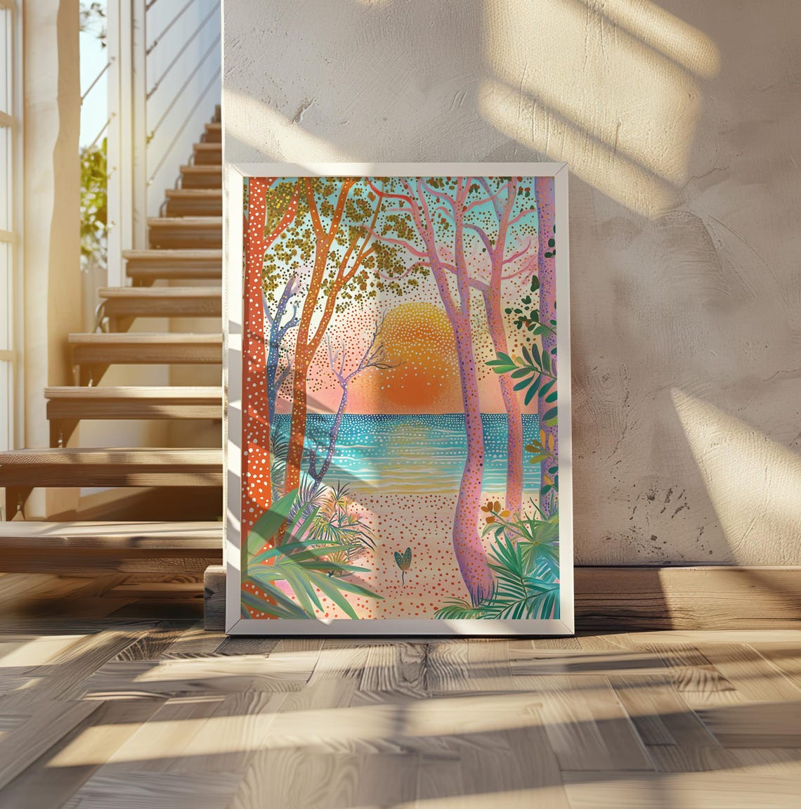 Vibrant Tropical Sunset Beach Seen Through Dotted Trees Art Poster
