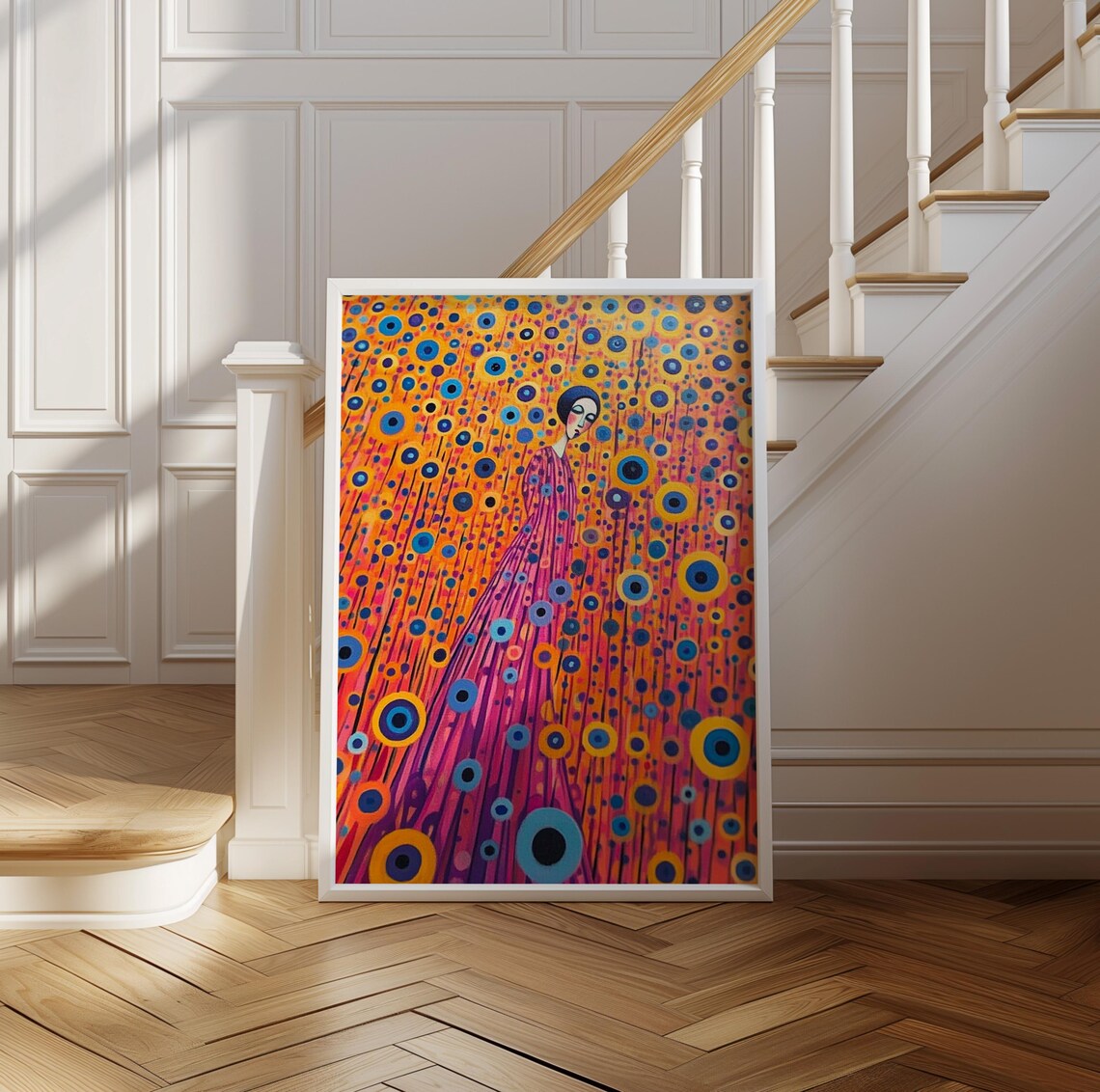 Woman in Pink Dress Walking Through a Field of Dot Flowers Poster - Image 2