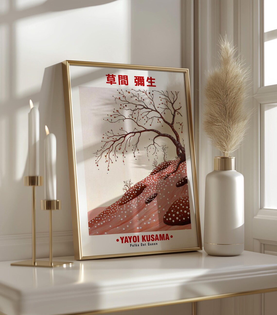Winter Tree Pink Dotted Hillside Minimal Yayoi Kusama Inspired Poster - Image 3