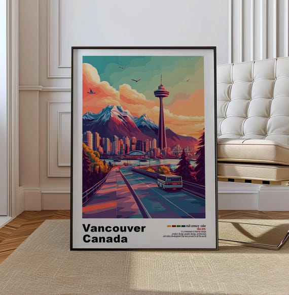 Vancouver Canada Mid Century Modern Architecture Art Print Retro Minimalist City Poster With Geometric Design Bold Mid Century Poster