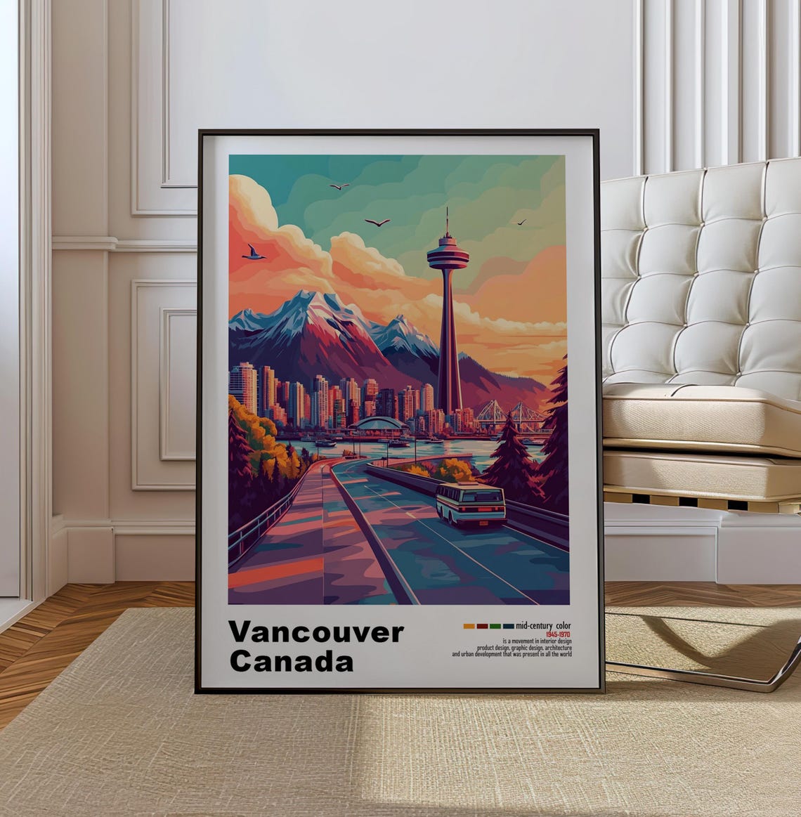 Vancouver Canada Tower Bridge Highway Sunset Mid Century Poster