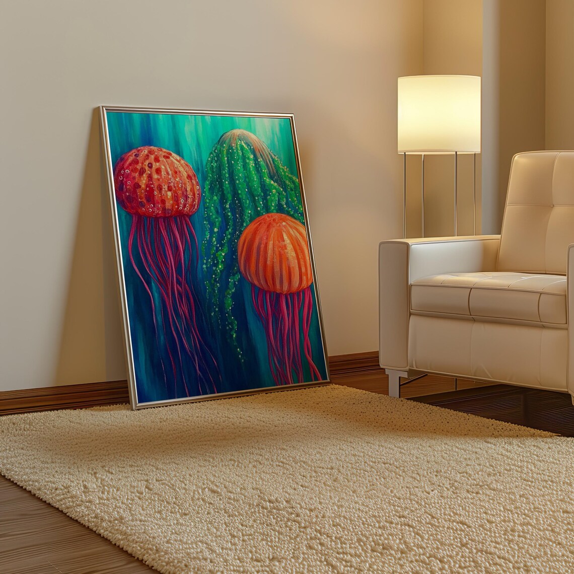 Kusama Inspired Orange Jellyfish Pink Tentacles Green Form Poster - Image 3