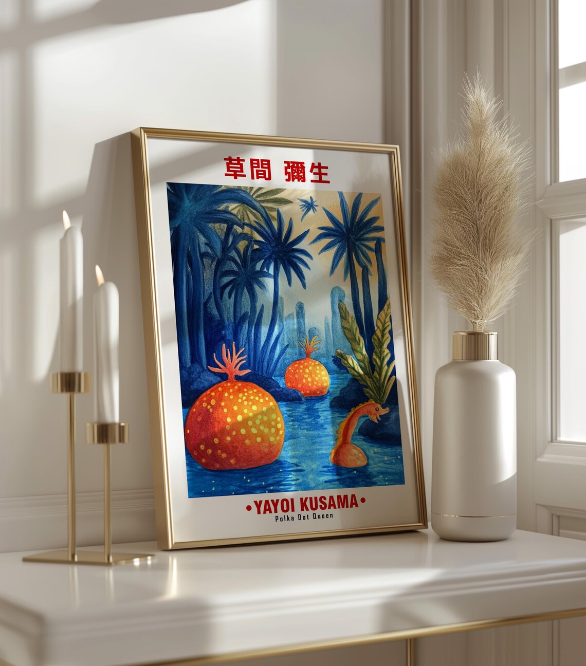 Blue Palm Lagoon Orange Gourd Floats Yayoi Kusama Inspired Poster - Image 3