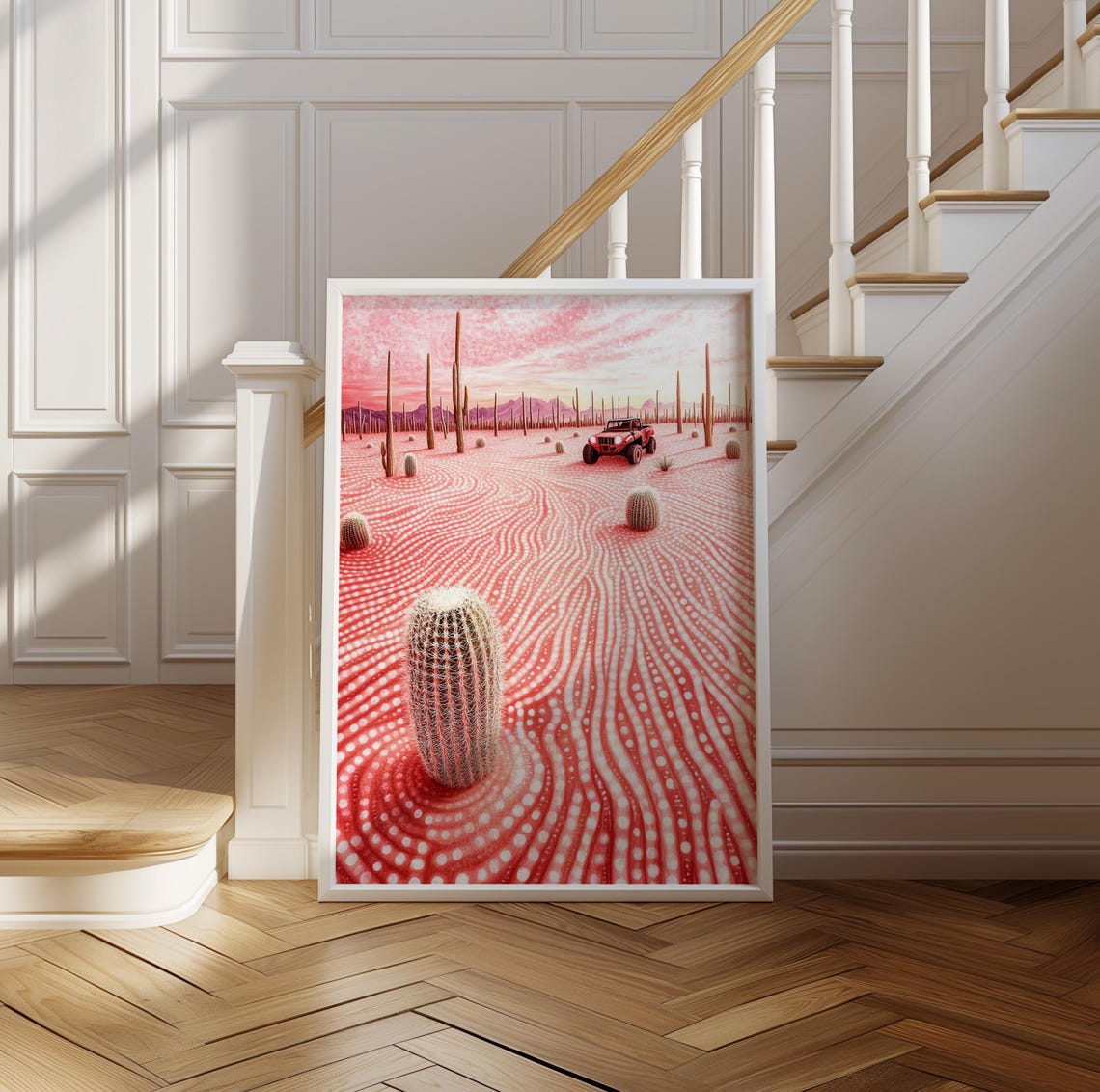 Red Off Road Vehicle in Pink Rippled Dotted Desert Art Poster - Image 2