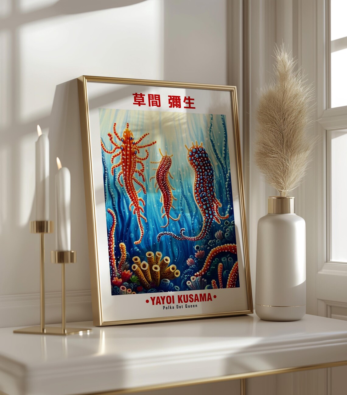 Red Octopus Trio Blue Ocean Coral Yayoi Kusama Inspired Poster - Image 3