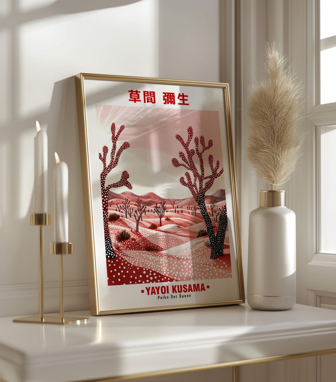 Pink Red Dotted Trees Desert Mountains Kusama Inspired Poster - Image 3
