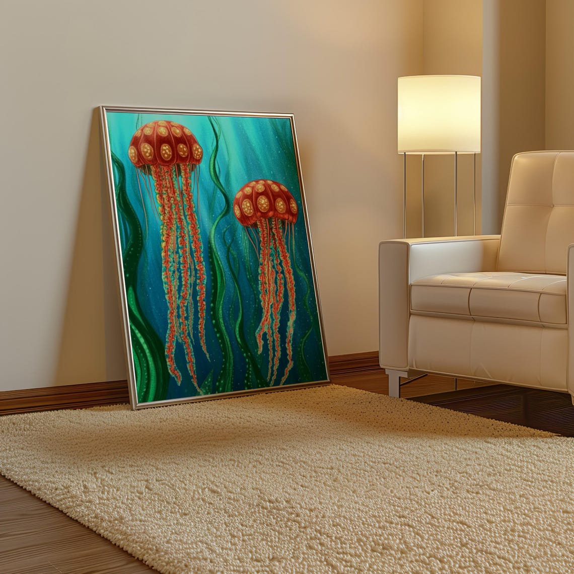 Kusama Inspired Red Dotted Jellyfish Pair in Teal Sea Poster - Image 3