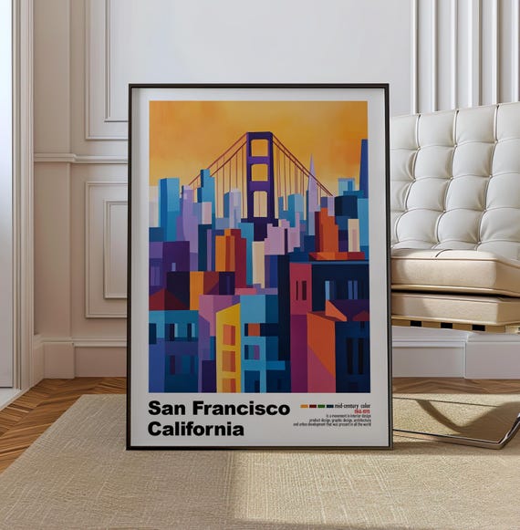 San Francisco Usa Mid Century Modern Architecture Art Print Retro Minimalist City Poster With Geometric Design Bold Mid Century Color