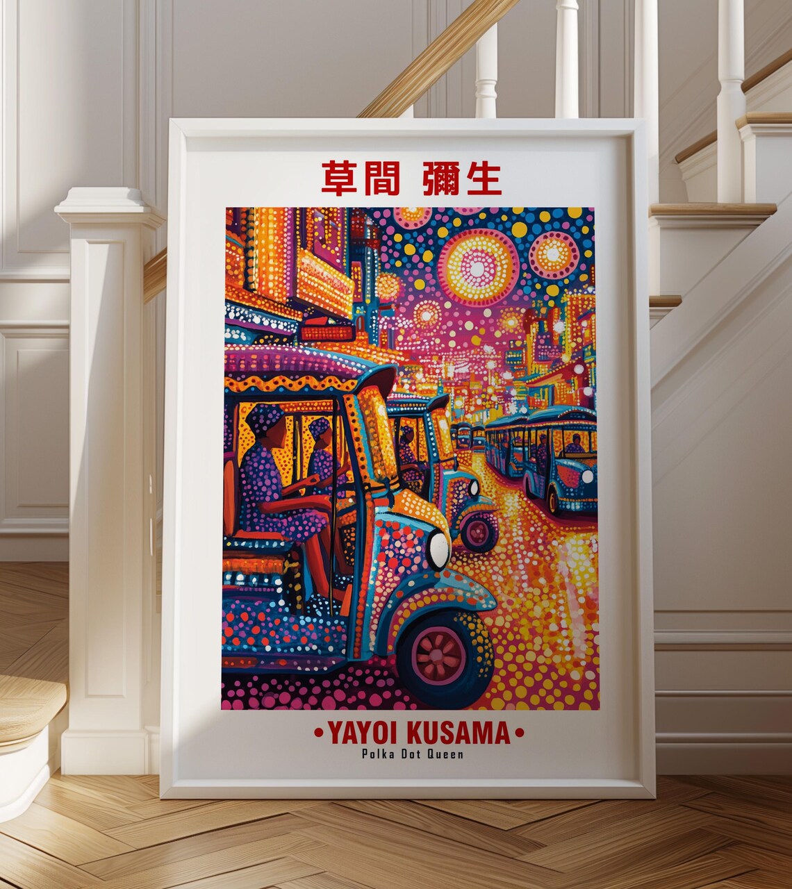Yayoi Kusama-Inspired Neon City Night Tuk Tuk Street Art Poster