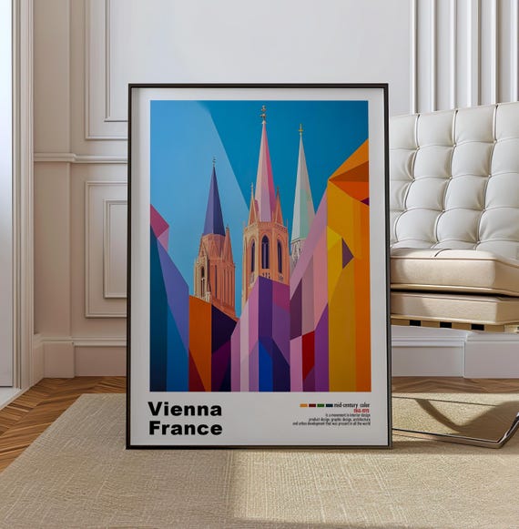 Vienna France Mid Century Modern Architecture Art Print Retro Minimalist City Poster With Geometric Design Bold Mid Century Poster