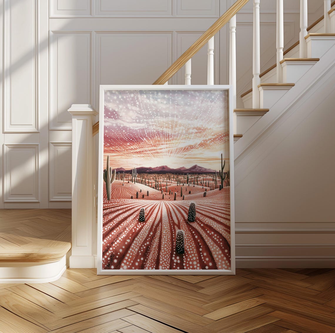 Cactus Desert Sunset Landscape in Red Polka Dot Art Style Poster - Image 2