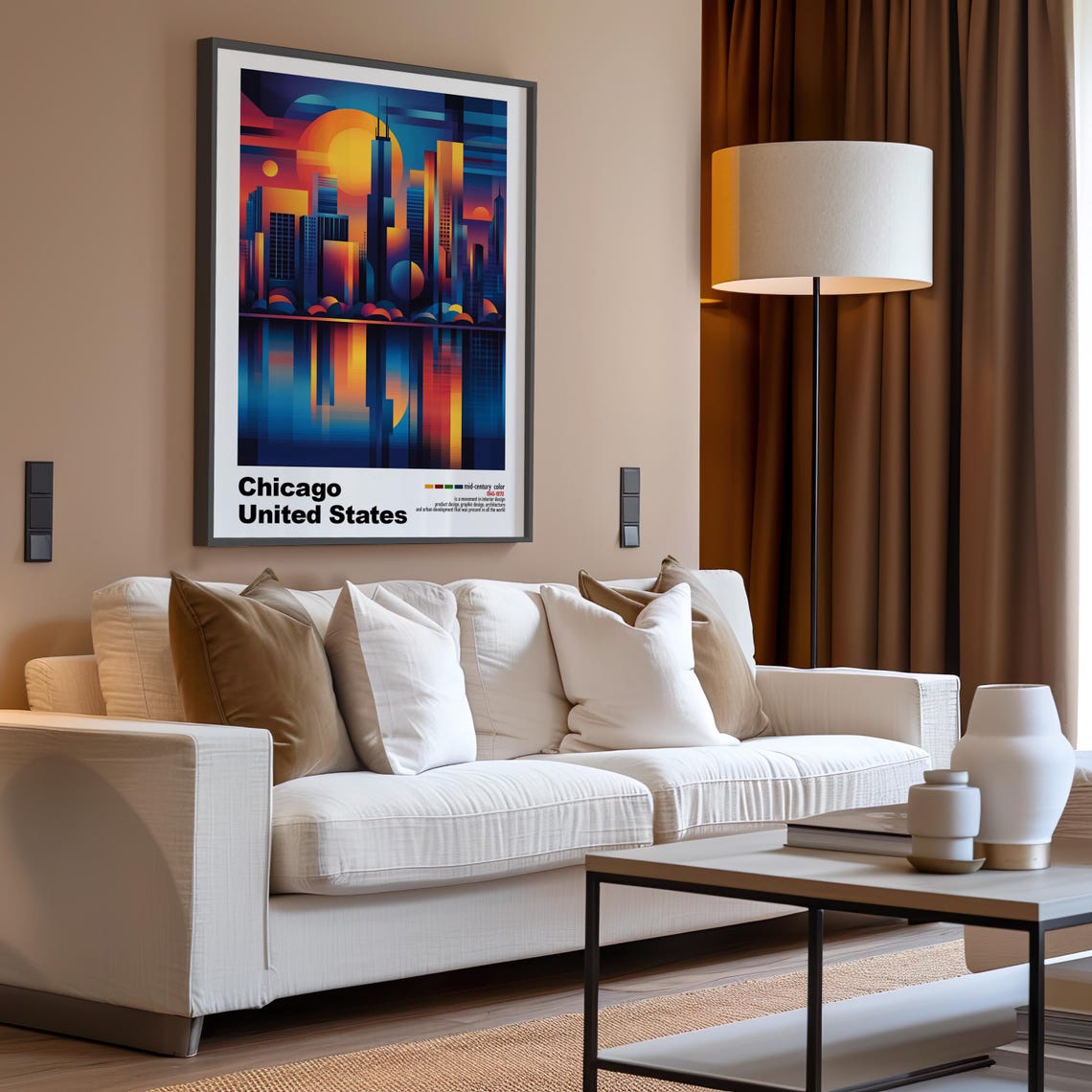 Chicago Sunset Skyline Abstract Geometric Mid Century Poster - Image 3
