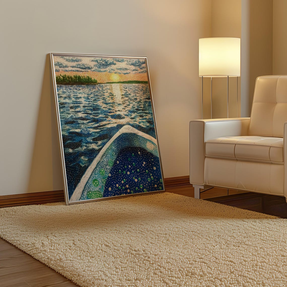 Kusama Inspired Canoe Bow on Dotted Lake Sunrise Morning Poster - Image 3