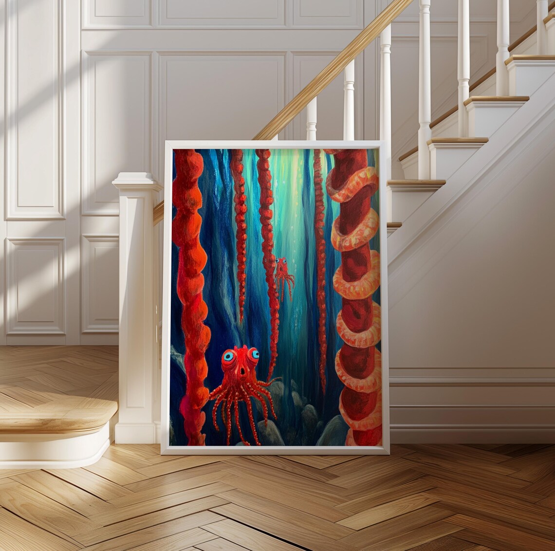 Playful Wide-Eyed Red Octopus in a Blue Green Sea Dot Art Poster - Image 2