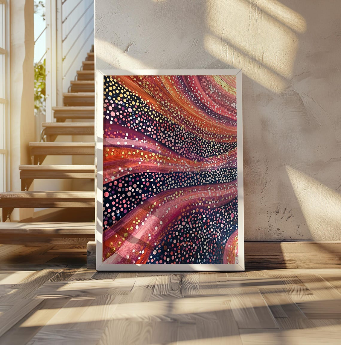 Kusama Inspired Abstract Flowing Dots Crimson Gold Navy Poster