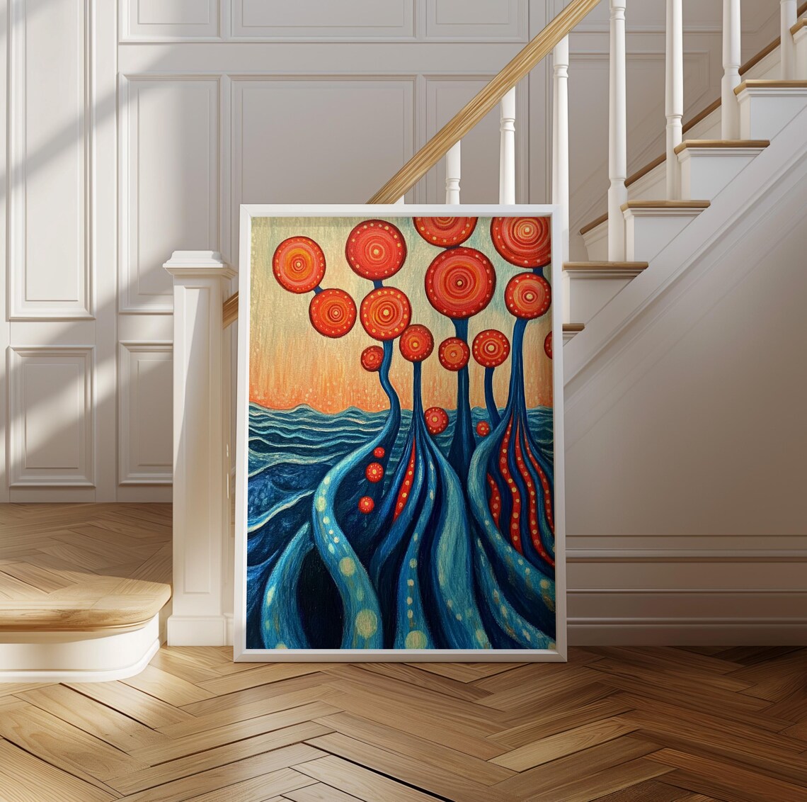 Red Spiral Dot Trees Rising Over Blue Ocean Waves Art Poster - Image 2