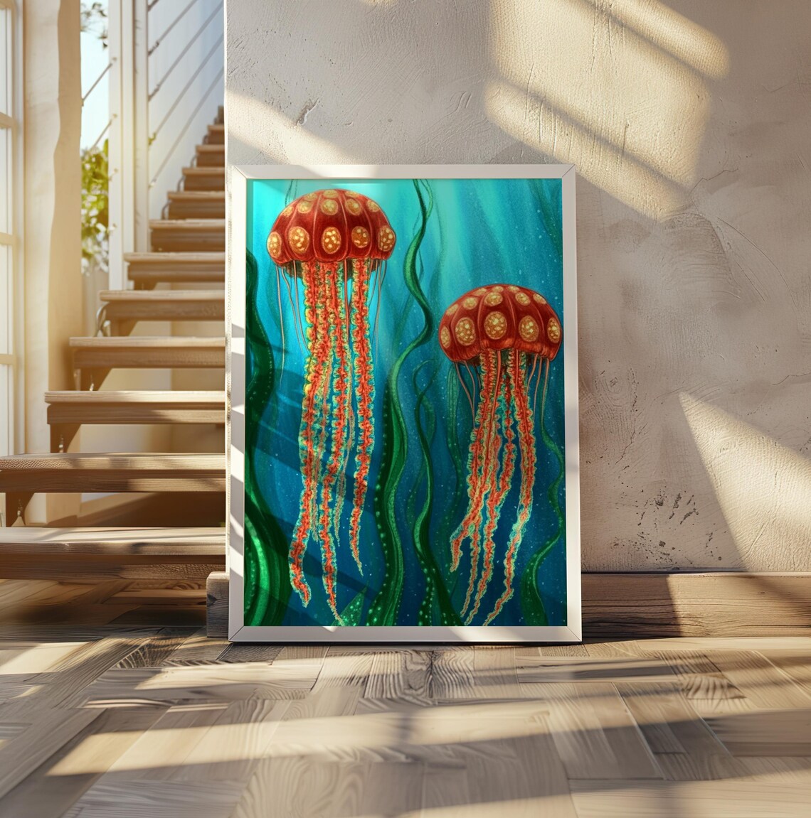 Kusama Inspired Red Dotted Jellyfish Pair in Teal Sea Poster