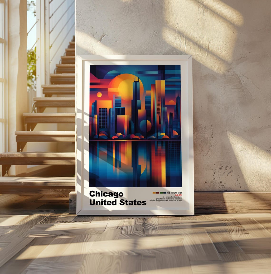 Chicago Sunset Skyline Abstract Geometric Mid Century Poster - Image 2