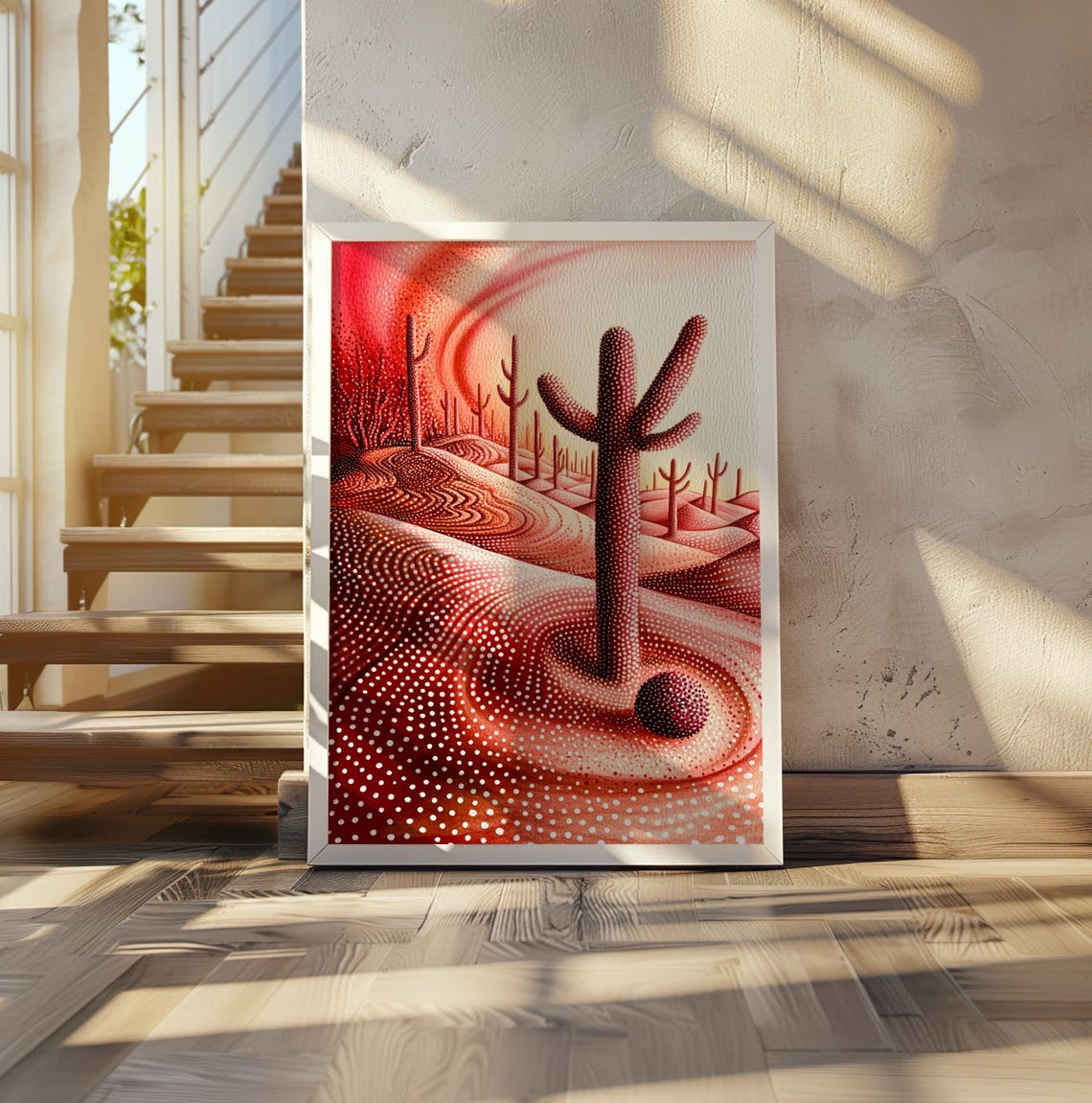 Kusama Inspired Red Desert Cactus Dotted Dune Landscape Sunset Poster