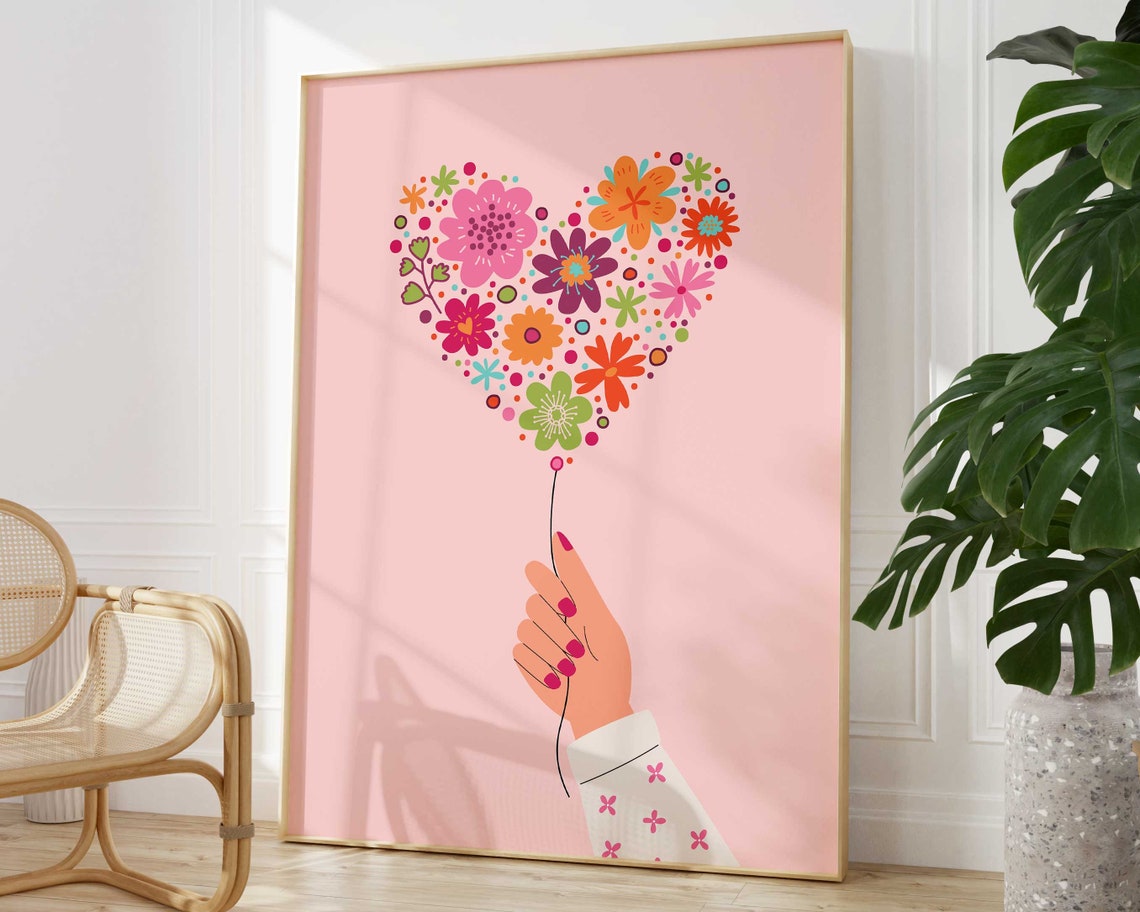 Pink Floral Heart Balloon Held By A Hand Modern Love Wall Art