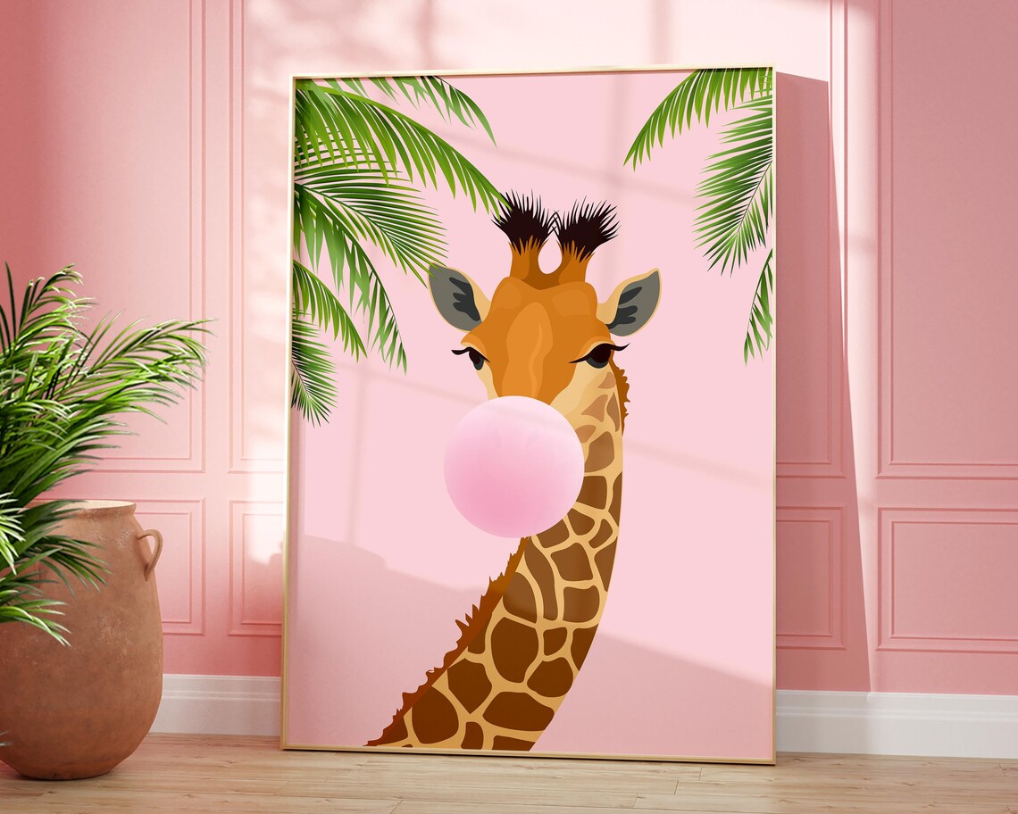 Pink Giraffe Bubble Gum Nursery Safari Art Print