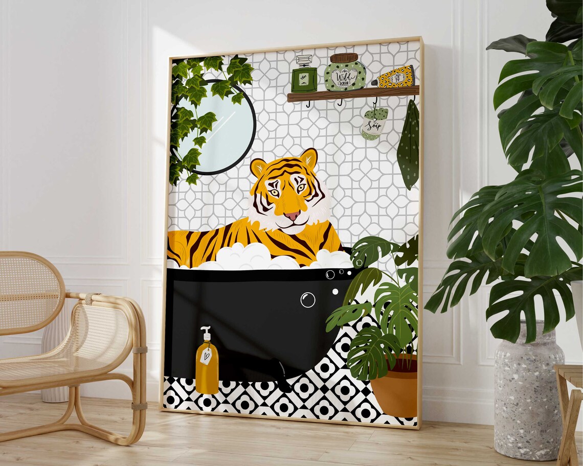 Tiger In Bathtub Monochrome Nursery Wall Art