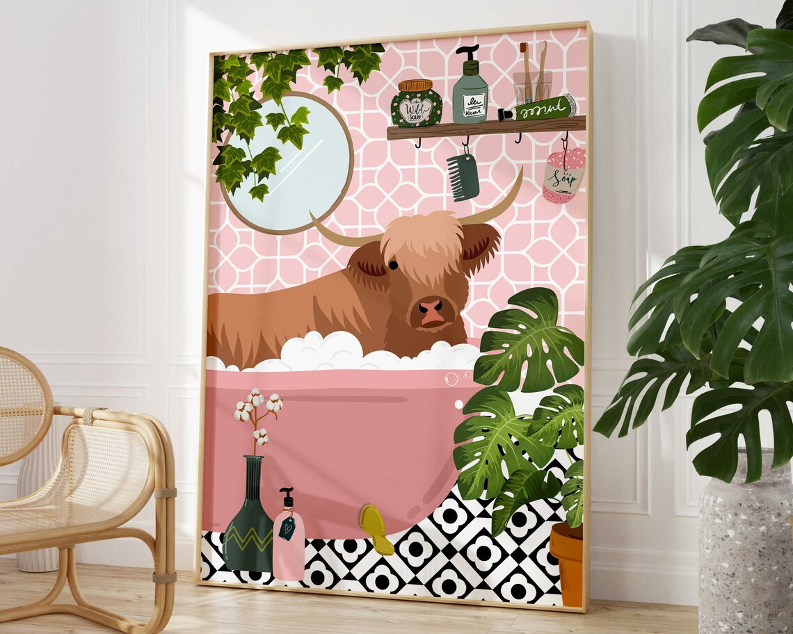 Highland Cow Bathroom Poster, Funny Animal Decor