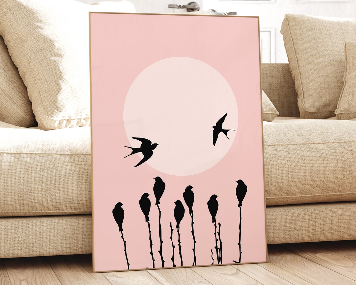 Black Bird Silhouettes On Pink Sunset Sky Minimalist Wall Print
