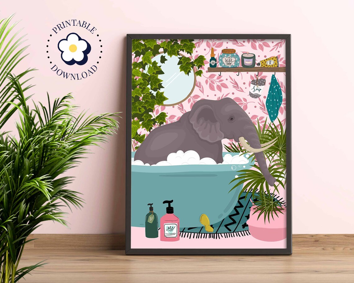 Animal in Bathtub Elephant Art Print, Maximalist Boho