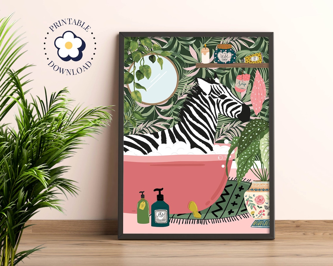 Zebra In Bathtub Tropical Boho Art Print