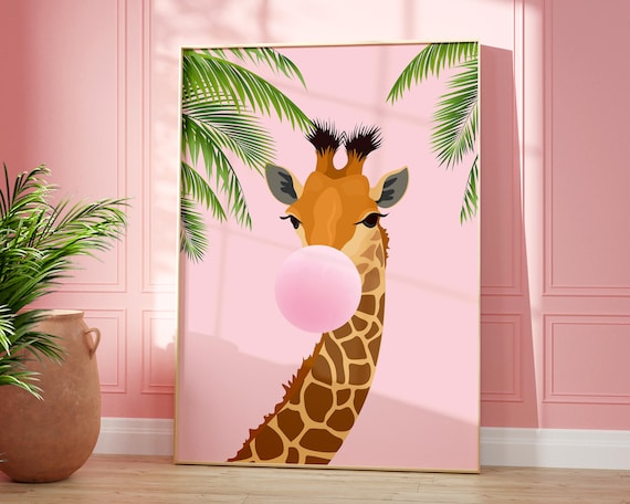 Pink Giraffe Bubblegum Print Fun Animal Blowing Bubble Wall Art Safari Nursery Decor Tropical