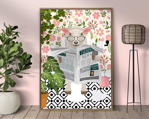Sheep On Toilet Bathroom Print Fun Animal Kids Maximalist Wall Art Botanical Decor Boho Nursery