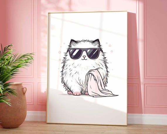 Cute Bathroom Cat In Sunglasses Poster Funny Wall Art Trendy Quirky Nursery Room Decor It Girl Modern Sassy Print