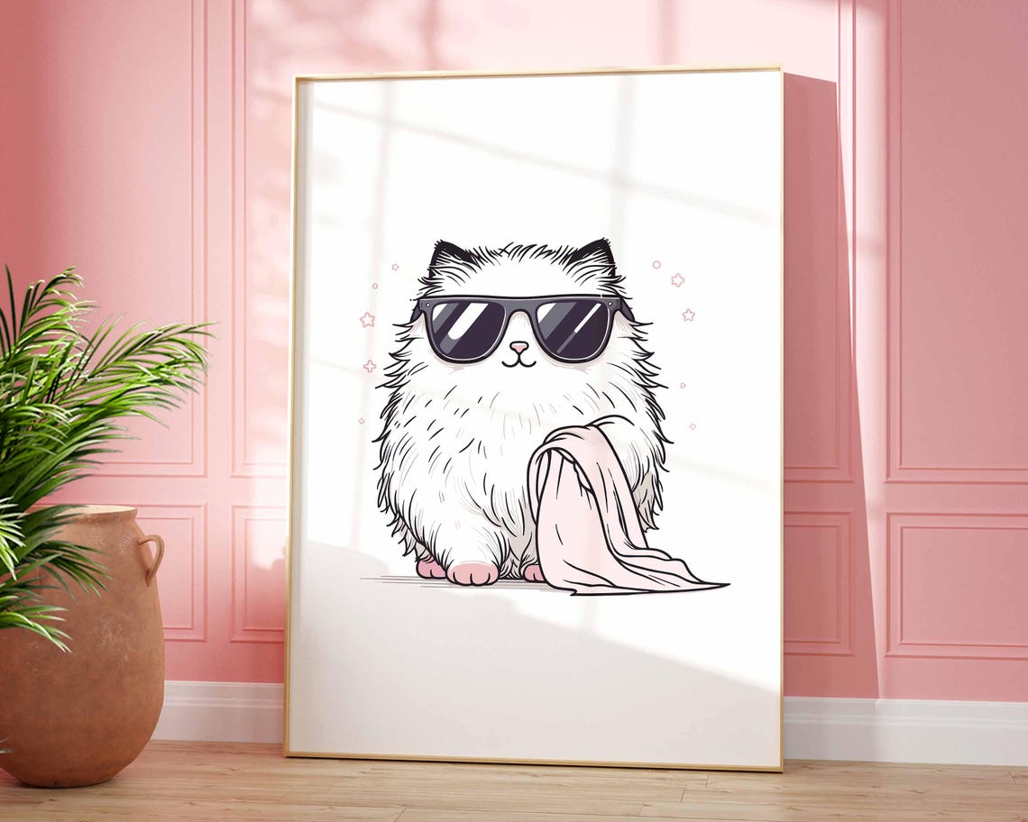 Sassy Funny Fluffy Cat In Sunglasses With A Towel Line Art Poster