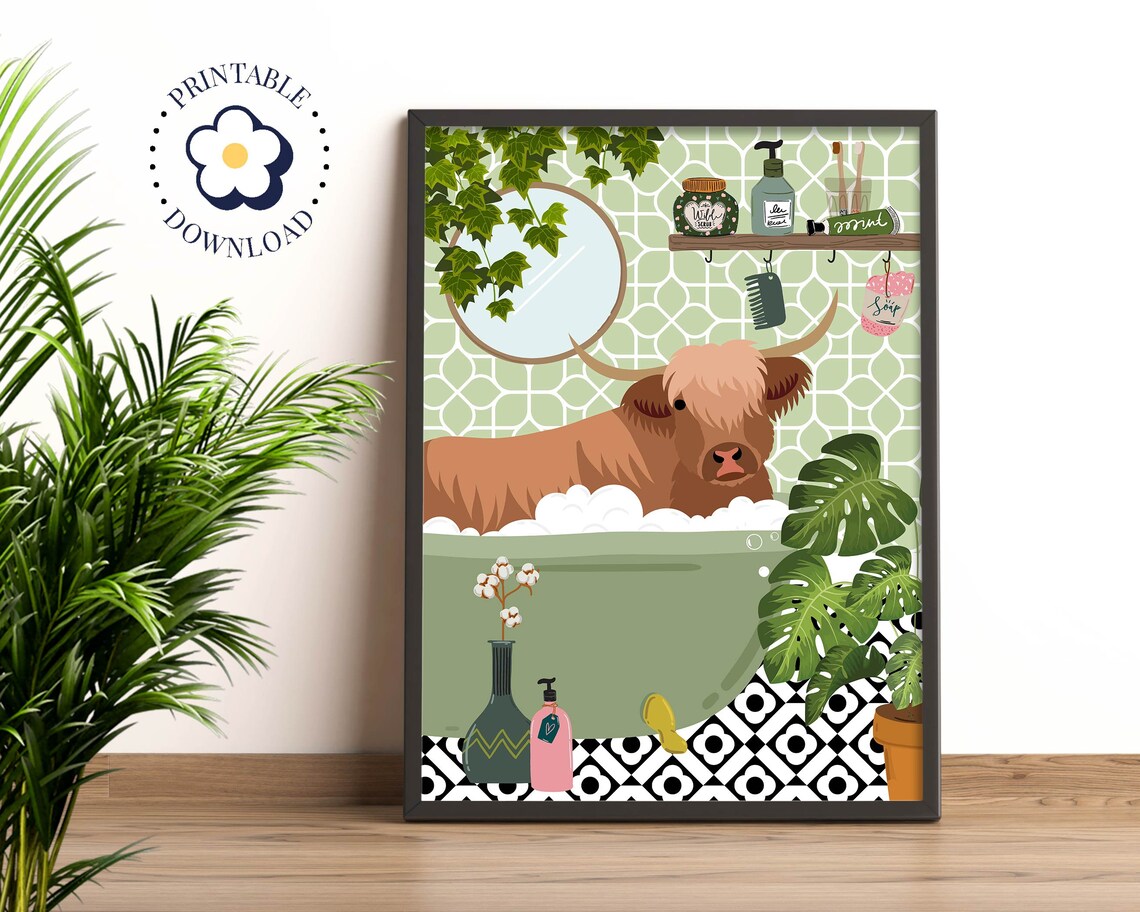 Highland Cow In Bath Botanical Bathroom Art Print