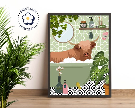 Highland Cow In Bath Botanical Bathroom Art Print