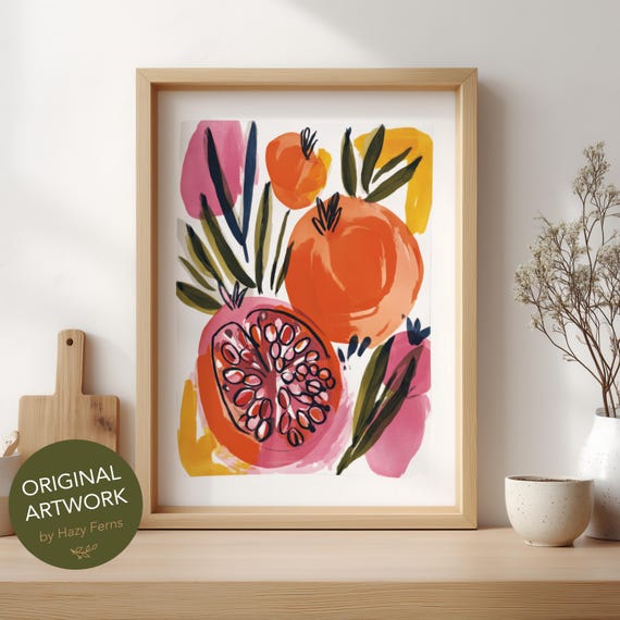Pomegranate Fruit Art Print Colorful Gouache Style Abstract Botanical Kitchen Poster 56