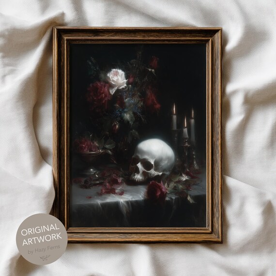 Human Skull With Candles Gothic Vanitas Still Life