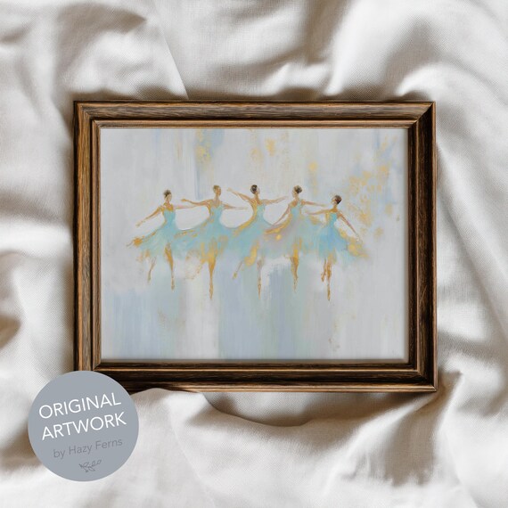 Ballet Dancers Graceful Pastel Blue Gold Painting Of Five Ballerinas