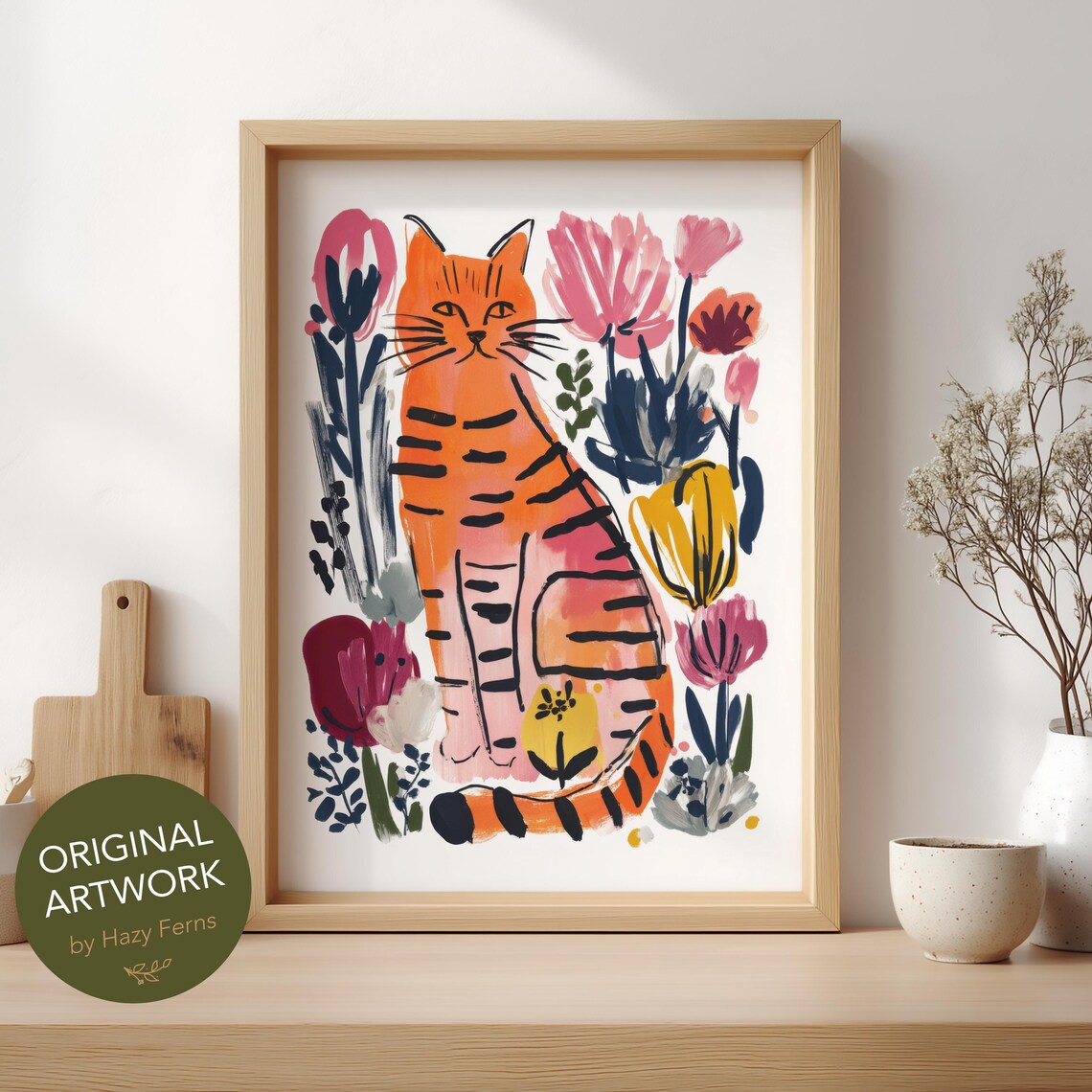 Playful Tabby Cat, Colorful Gouache Art Print