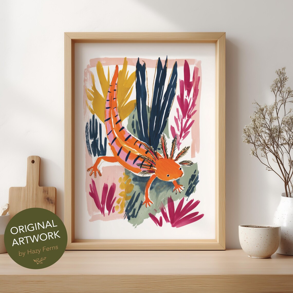 Axolotl Art Print Colorful Gouache Style Botanical Animal Wall Poster 80