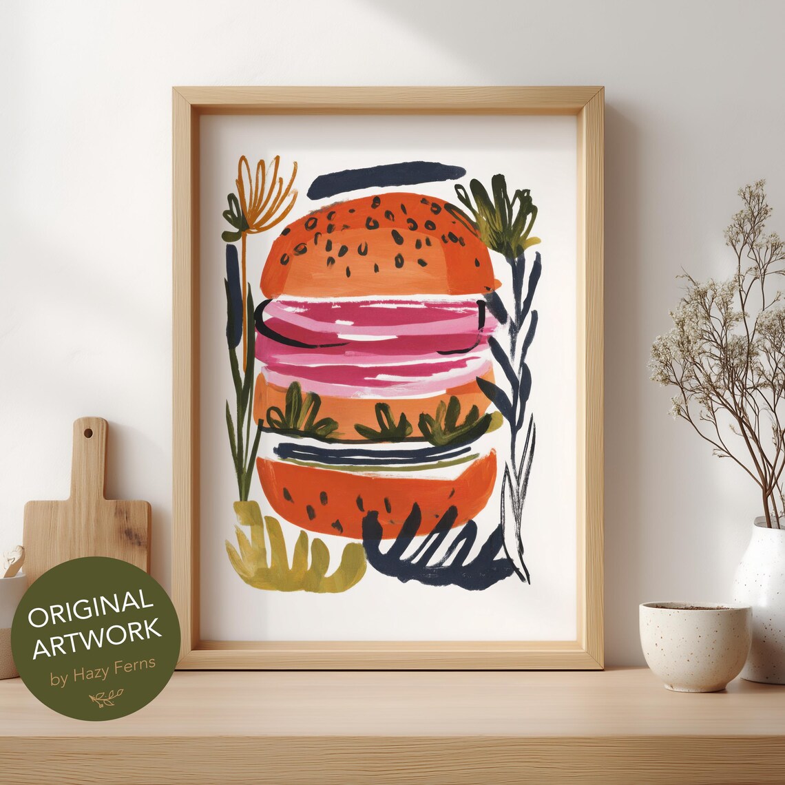 Tasty Burger Art Print, Gouache Style Kitchen Wall Art