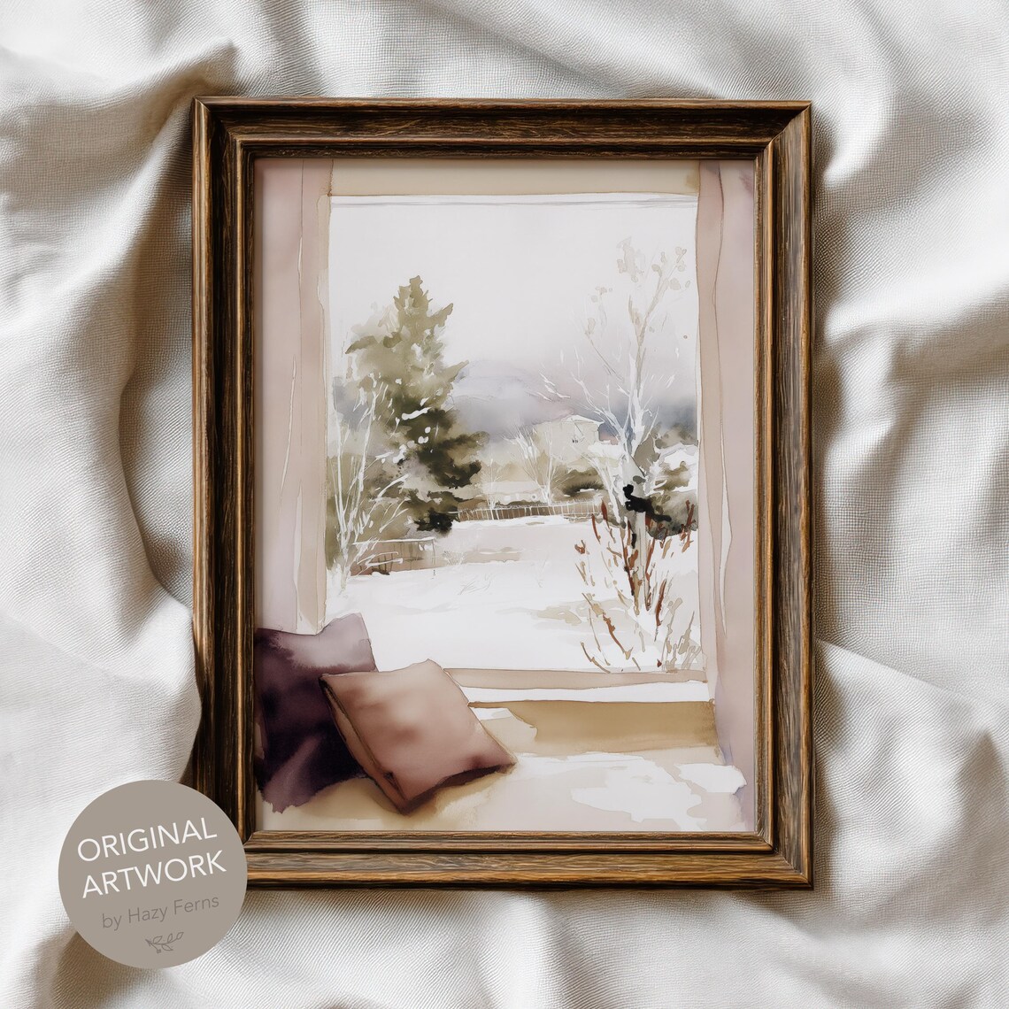 Snowy Window Seat Winter View Watercolor Cozy Home Art Print
