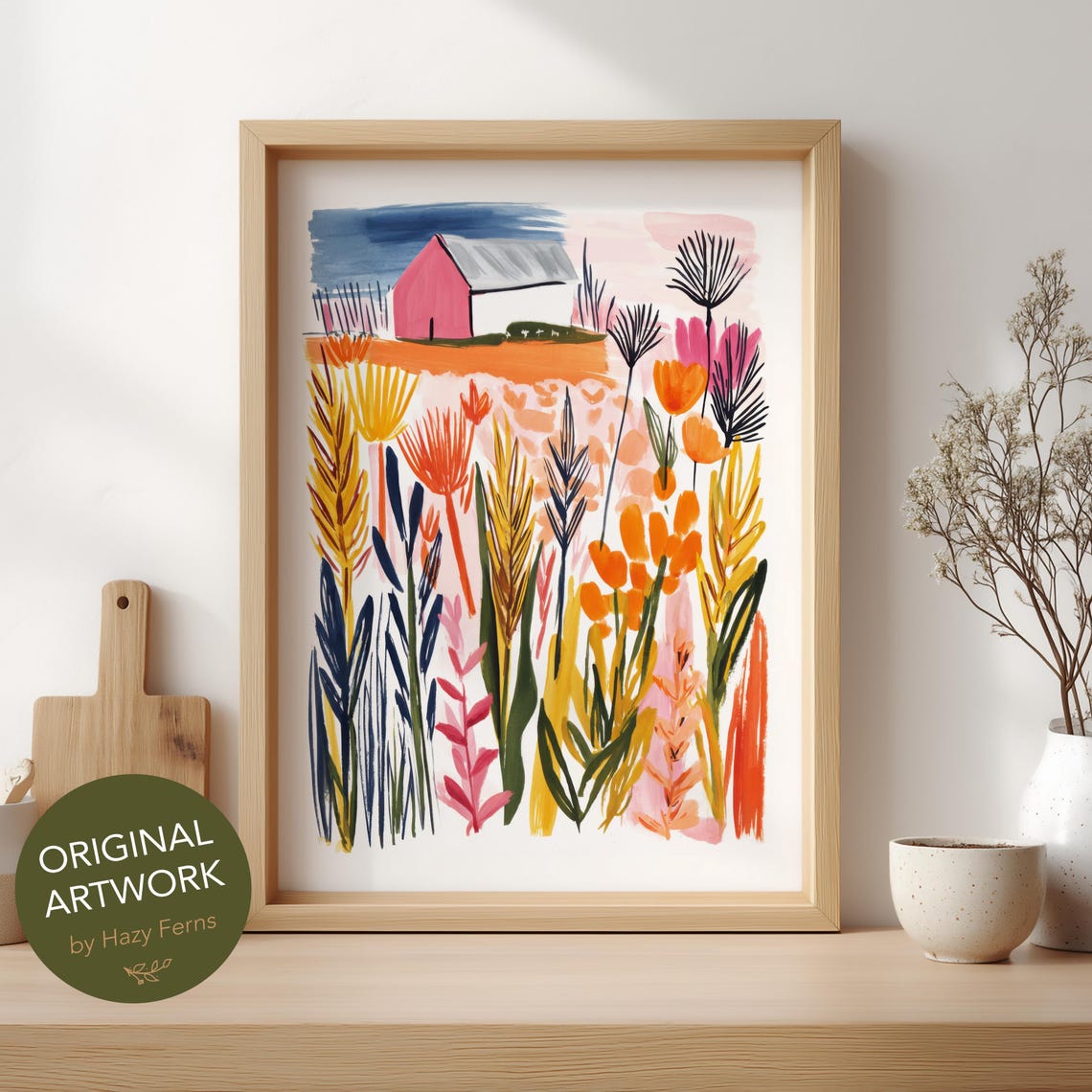 Rustic Farm Field Art Print Colorful Gouache Style Country Landscape Wall Poster 12