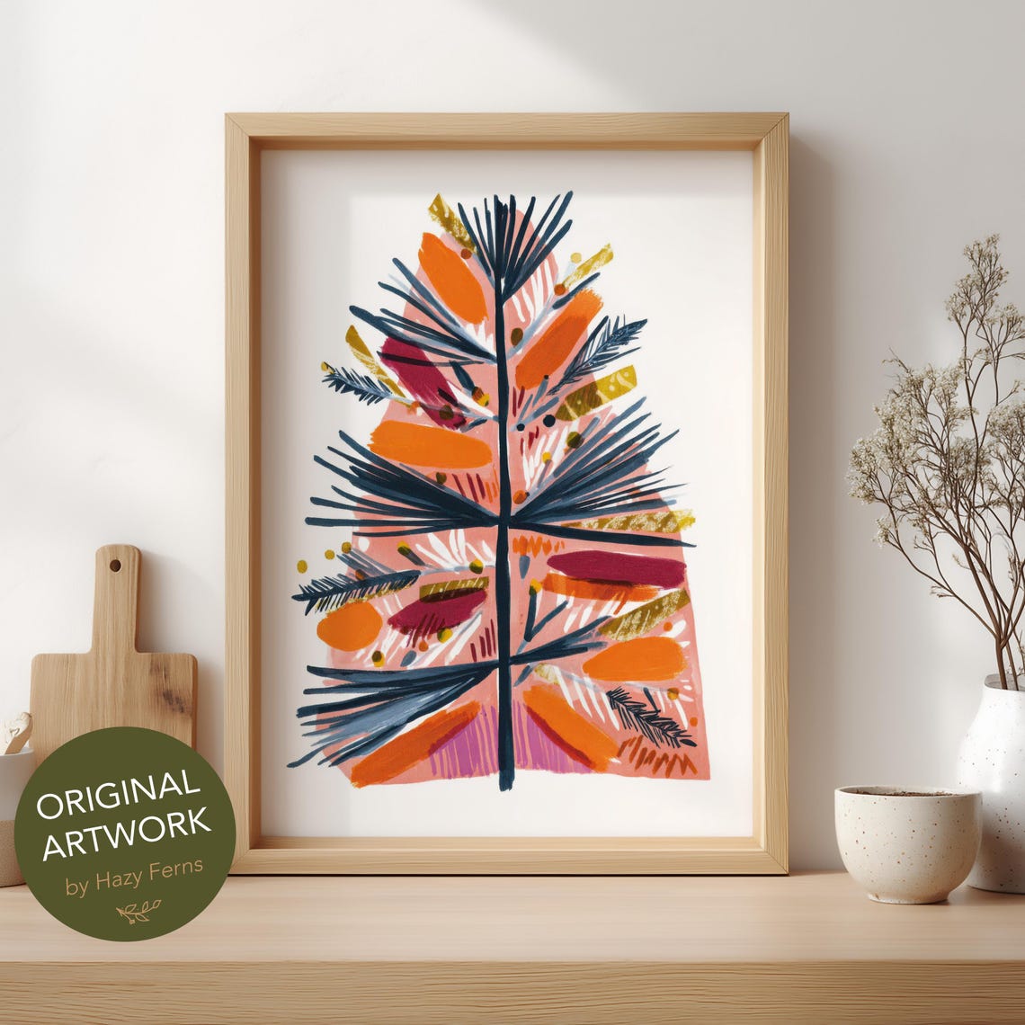 Abstract Navy Orange Christmas Tree Modern Holiday Gouache Print