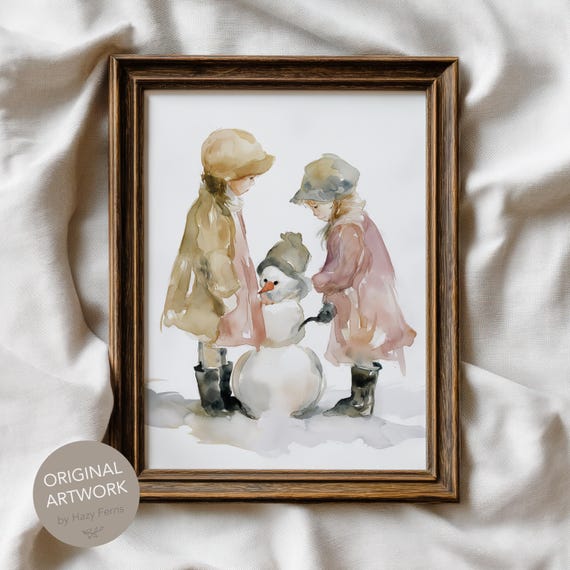 Watercolor Kids Building Snowman Print Pastel Winter Nursery Art