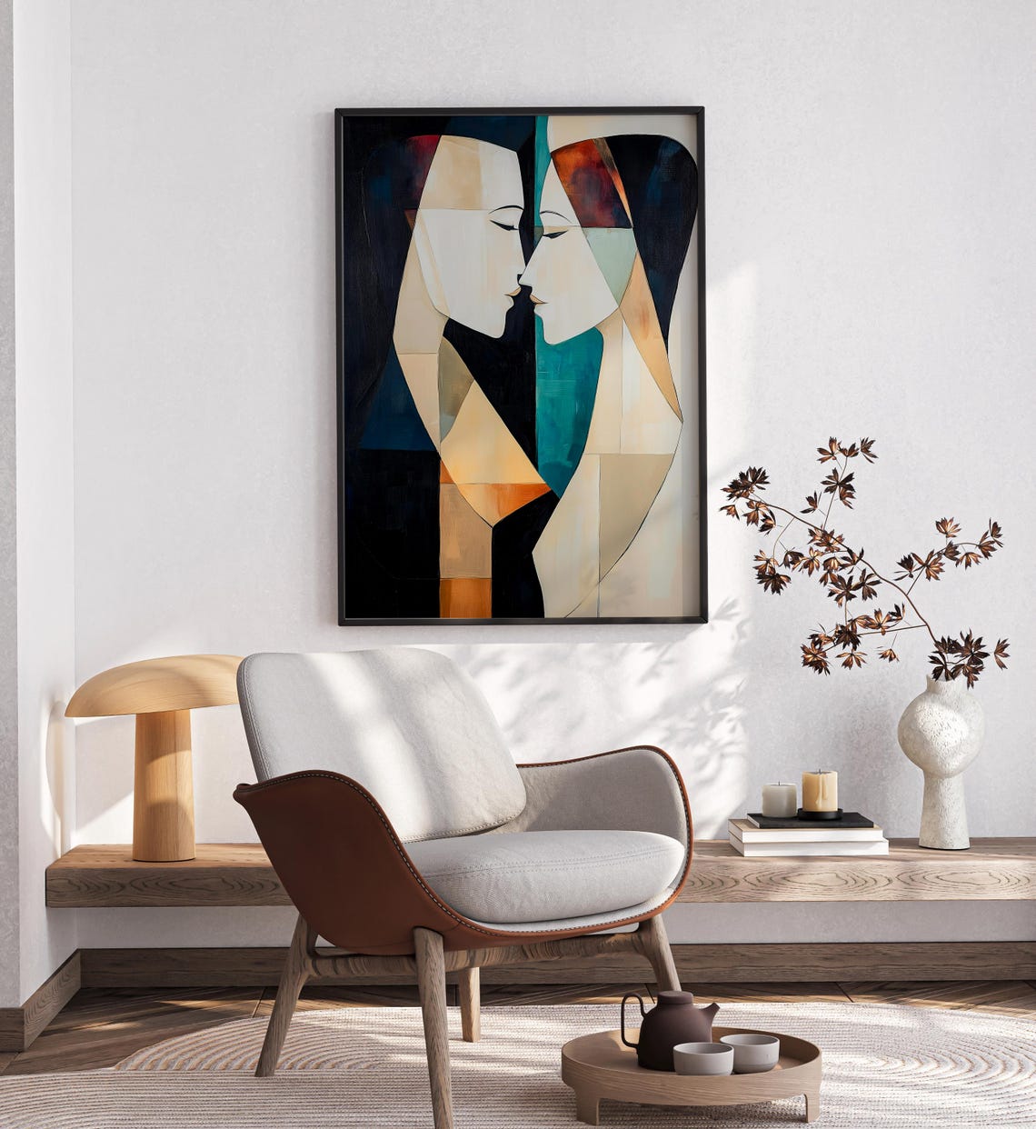 Minimalist Abstract Couple Faces Touching Geometric Love Art Poster - Image 2